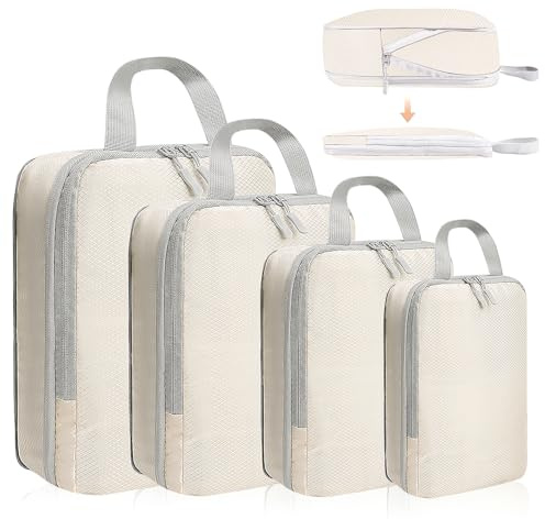 Bagage Sac Compression,Packing Cubes Compression Organisateur de Voyage Ultraléger,Rangement Valise peut Répondre Tous Vos Besoins de Voyage(Beige,4 pièces)