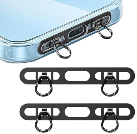 UIEXAY 2pcs Languette d'Attache pour Téléphone, Double Clip Métal Patch Dragonne Cordon Rechange Téléphone Portable Sans Obstruction Charge Sans Adhésif(Noir)