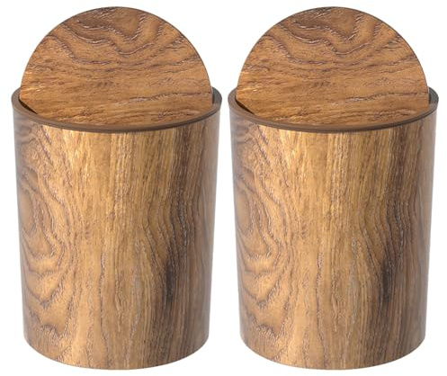 Kleine Mülleimer mit Schwenkdeckel - 2er-Pack Holzoptik Mülleimer, Kompaktes Design Tischmülleimer, Kleine Kosmetikeimer, Platz Sparen Papierkorb, Geruchshemmend, für Küche, Waschküche, Aufbewahrung