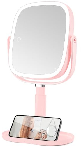 Vanexiss Magnifying Makeup Mirror with Light, Large 1X/10X Vanity Mirror, Rechargeable 3 Color Lighting Modes, Adjustable Stand, 360°Rotation and Detachable Desk mirror, for Desktop & Makeup （Pink）