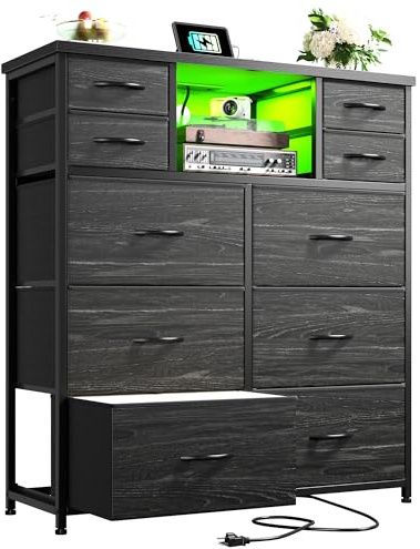 Romorgniz Dresser for Bedroom with 10 Drawers Featuring LED Light and Power Outlet, Fabric Dressers & Chest of Drawers with Open Shelves for Hallway, Living Room, Metal Frame,Wood Top,Grain Black