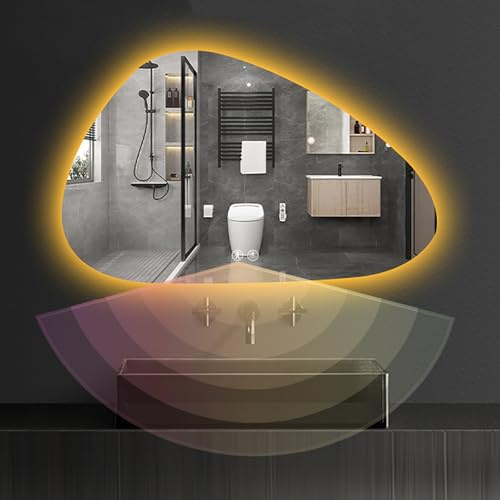 HCBUTAE Unregelmäßiger Kosmetikspiegel mit Beleuchtung, LED-Schminkspiegel mit Memory, asymmetrischer dekorativer Wandspiegel, 3 Farbtemperaturen und dimmbar, explosionsgeschützt(80 * 60 cm)