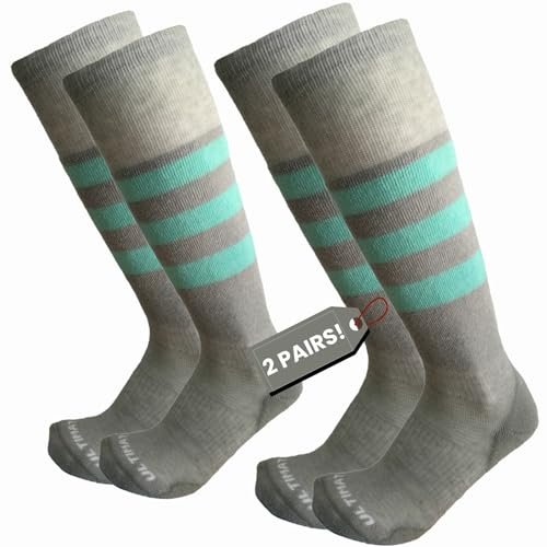 Womens Merino Wool Snowboard Socks Girls Warm Ski Socks Cushioning Support Stretch Grey/Aqua Medium 7-9.5 2 Pack
