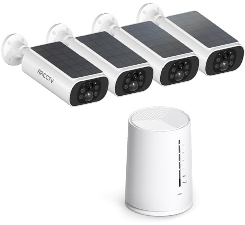 ARCCTV Solar Security Camera Outdoor Wireless, CCTV Camera Systems,4Cam-Kit | 4 Cam+1 Base, 2.4G/5G WiFi, 64GB Local Storage No Subscription, Colour Night Vision, 2 Way Audio, PIR, 2K/4MP, Solar Battery
