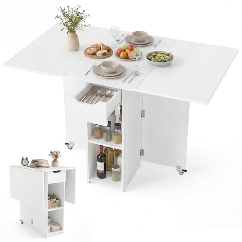 GIANTEX Vikbart matbord, köksskåp med hopfällbara vingar, 1 låda och 2 öppna hyllor, för 2–4 personer, platsbesparande 120 x 72 x 75 cm, perfekt för kök och rum