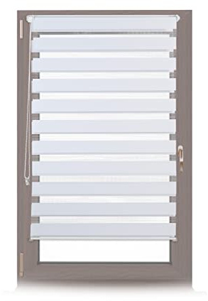 Relaxdays Doppelrollo Klemmfix ohne bohren, Seitenzugrollo mit Streifen, Duo-Rollo für Fenster, Stoff 81x156 cm, weiß