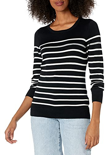 Amazon Essentials Pull Col Rond Léger À Manches Longues (Grandes Tailles Disponibles) Femme, Noir Gris Blanc Rayures, M