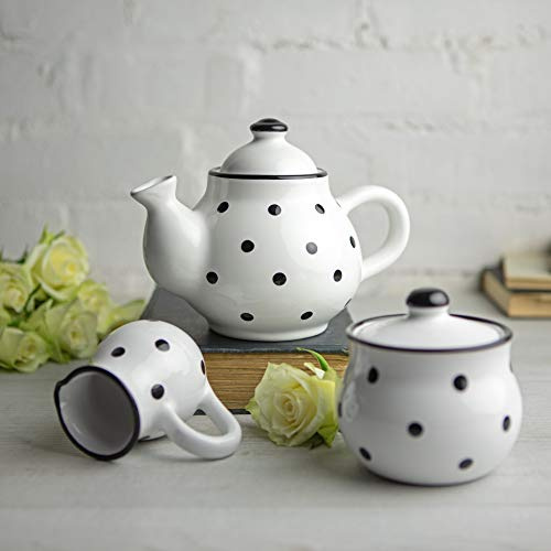 City to Cottage® White and Black Polka Dot Handmade Ceramic Cup Teapot, Milk Jug, Sugar Bowl Set