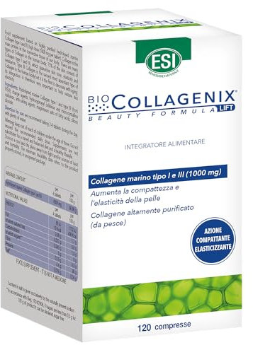 ESI, Biocollagenix, Integratore Alimentare a Base di Collagene Marino Idrolizzato 1000 mg, Dona una Pelle Compatta ed Elasticità al Viso, Integratori Antiage Senza Glutine, 120 Compresse