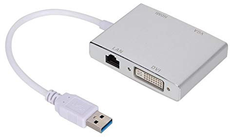 ASHATA Adaptador USB 3.0, Adaptador convertidor Multifuncional USB 3.0 a VGA/HDMI/LAN/DVI, Portátil Aluminio Adaptador USB a HDMI VGA USB Adaptador de Pantalla DVI Hub Plata