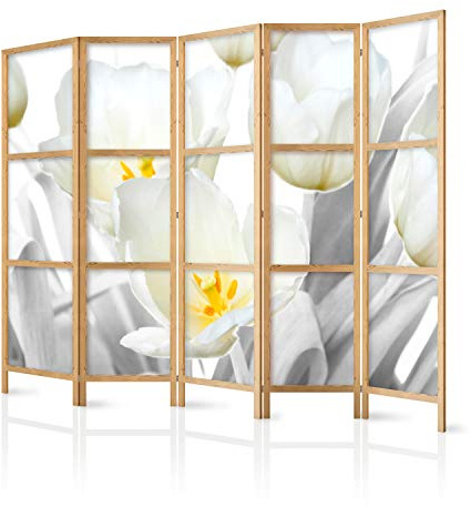 murando - Paravent Raumteiler Holz Blumen, 225x172 cm, 5-teilig, Wohnzimmer | Mobiler Sichtschutz, sofort einsatzbereit, Holzrahmen, ideal fürs Wohnzimmer oder Büro, geruchsneutral, lichtbeständig