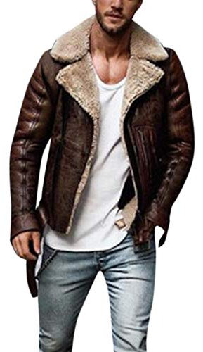 YEBIRAL Herren Lederjacke Vintage Dicke Warme Winterjacke Kunstlederjacke mit Pelzkragen Braun Freizeit Winter Modern Biker Jacke Abnehmbarer Gürtel