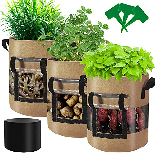 Florelf Visible Potato Grow Bags 10 Gallon with Flap 3-Pack,Potatoes Growing Containers with Handles&Visible Space, Heavy Duty Thickened Aeration Nonwoven Fabric Pots,alse for Tomato Strawberry