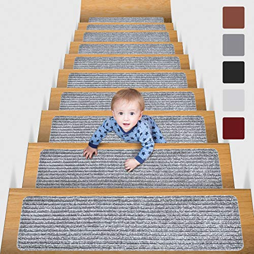MBIGM 15er Set Teppich-Stufenmatten, Selbstklebend, 20 x 65 cm, Hellgrau | Rutschfeste Oberfläche, wiederverwendbarer Kleber und Schutz für Kinder, Senioren und Haustiere