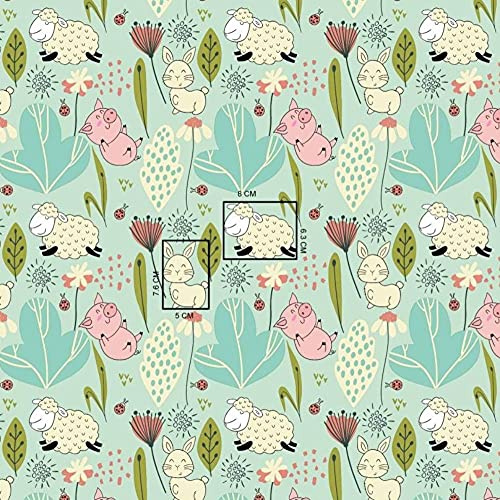 11,99€/m Schwein 100% Baumwolle Baumwollstoff Kinder Meterware Handwerken Nähen Stoff (Schwein Schaf Hase Türkis, 100x160cm)
