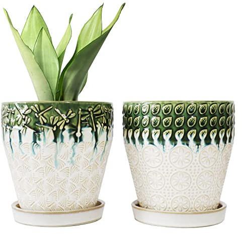 YFFSRJDJ 6 Inch Ceramic Planter Pots with Drainage Holes, Saucers and Mesh Pads for Indoor-Outdoor Plants, Succulent Orchid Flower Large Round Plant Pot, Set of 2 (Green+White)