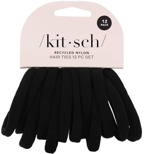 Kitsch Black Hair Ties No Damage 12pcs - Hair Bands for women - Strong Stretchy Hairbands & Hair Bobbles - Soft Nylon Hair Elastics, Snag-Free Rubber Bands for Updos & Braids