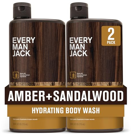 Every Man Jack Amber+Sandalwood Hydrating Mens Body Wash for All Skin Types-Cleanse, Nourish, and Hydrate Skin with Naturally Derived Ingredients-Paraben Free, Phthalate Free, Dye Free-24oz(Pack of 2)
