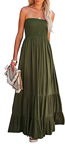 R.Vivimos Estate Donna Senza Spalline Bandeau Shirred Boho Maxi Vestito Abito Lungo da Spiaggia(L,ArmyGreen#2)