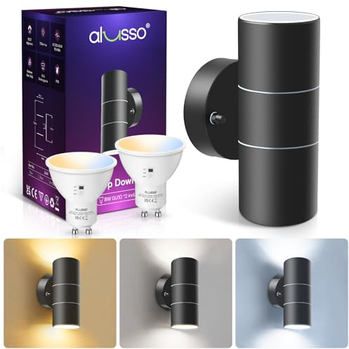 ALUSSO Außenwandleuchte, Auf- und Abwärtsleuchte aus Edelstahl, 2 x 8 W GU10-LED-Leuchtmittel enthalten, 3 Farbtemperatur, IP65 wasserdichtes schwarzes Außensicherheitslicht für Flur, Veranda