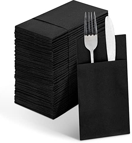 Linen-Feel Black Paper Napkins, Cloth Like Dinner Napkins with Built-in Flatware Pocket, Pre-Folded Absorbent Disposable Guest Paper Hand Towels for Bathroom, Weddings Party(50 Pack)