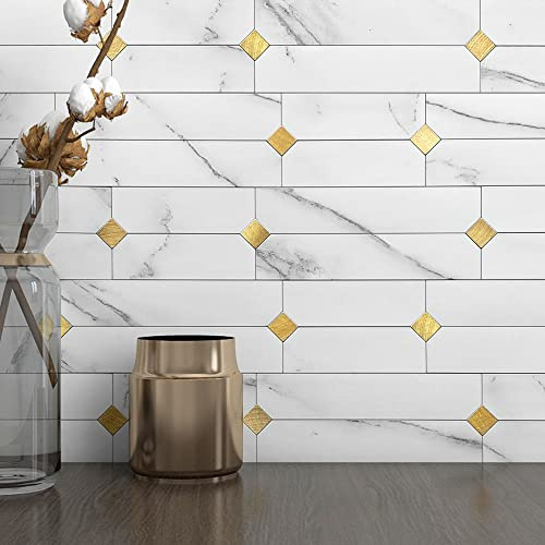M MOFIT Stone Kitchen Backsplash Peel and Stick Tile Stickers Matte Linear Mosaic Wall Panels Bathroom Waterproof(10sheets,White Gold)