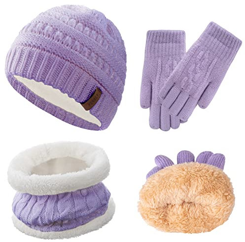 Girls Winter Hat, Scarf, Gloves Set - Purple Knit, Thick Warm Fleece Lined Thermal Set for 10-14 Years Old Boy, Baby, Toddler, Children