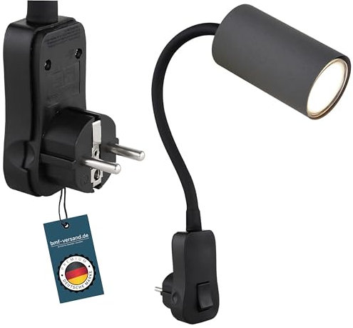 bmf-versand® Steckdosenlampe mit Schalter - Wandleuchte Innen Kinderzimmer mit Stecker - Steckerleuchte Graue Wandlampe Schlafzimmer für Steckdose - Leselampe Grau GU10
