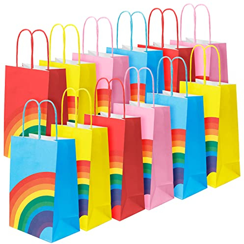 12 Stück Geschenktüten Regenbogen Papiertüten Regenbogen Kraftpapier | Papiertüten Kindergeburtstag mit Griffen 4 Farben 130x80x220mm für Geburtstagstüten Weihnachten Halloween Geburtstag Party
