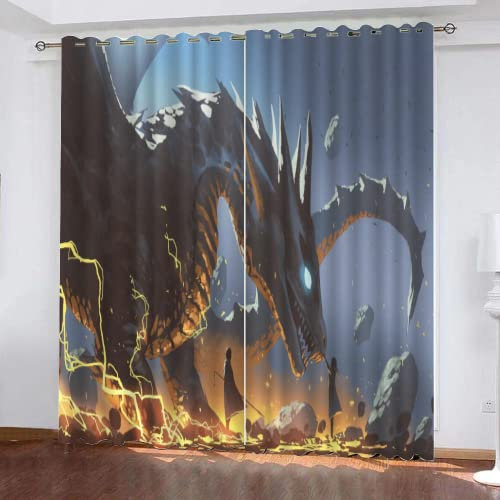 TEMLAN Cartoon-Feuer-Drachen-Monster Kinder Gardinen Spiel Schwarzer Drache Vorhänge Blickdicht Mit Ösen, Digitaldruck 3D Thermogardine Für Schlafzimmer Wohnzimmer 2Er Set (140 x 160cm)