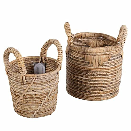 Flechtkorb ALYA 2er Set Klein rund aus Bananenblatt geflochten | Allzweckkorb Boho Chic Wäschekorb Obstkorb Gemüsekorb Natur-Korb mit Henkel | HAR0027