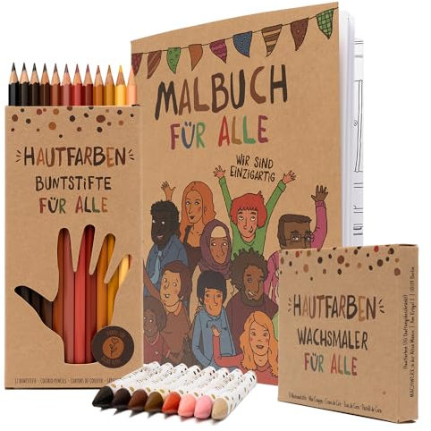 Hautfarben Malspaß Set, 12 Buntstifte, 8 Wachsmalstifte in unterschiedlichen Hauttönen, 1 Malbuch für alle, für Kinder ab 3 Jahren, aus nachhaltigen Materialien, Geschenk für Schultüte Kitatüte