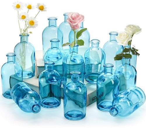 YOUEON Vasi in Vetro Blu da 250 ml - Piccoli Contenitori per Fiori, Bottiglie Decorative, Stile Vintage per Centrotavola, Matrimoni, Casa e Ufficio