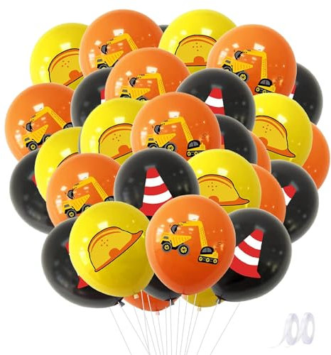 Bagger Luftballons, 24 Stück 12 Zoll Baustelle Geburtstag Party Luftballons Orange Gelb Schwarz Bagger Truck Schutzhelme Barrikade Druck Latex Ballons für Geburtstag Baustelle Party Dekoration