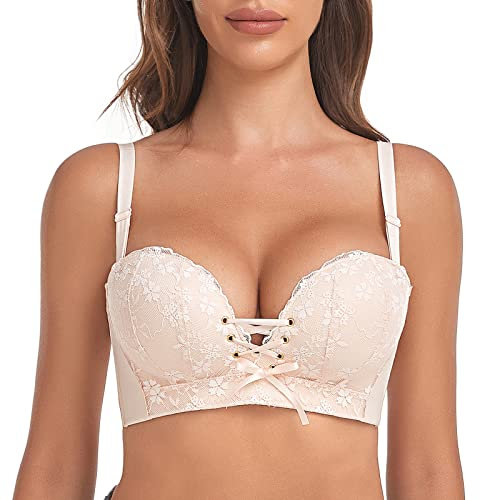 FallSweet Add Two Cups Lace Push Up Bra Ultra Padded Wireless Support Brassiere (Beige, 36C)