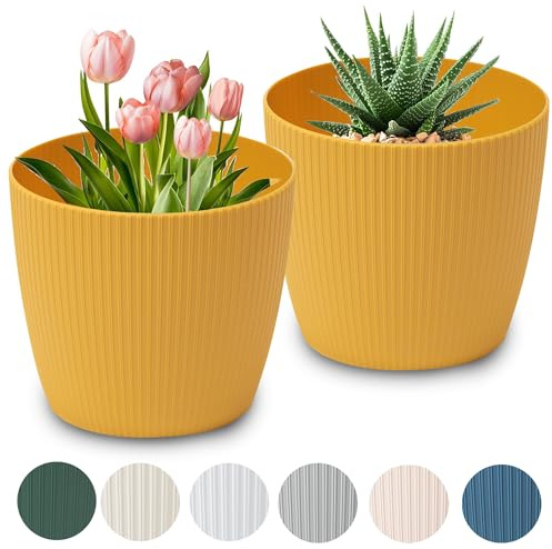 PECZEKO Blomkruka matta, planteringslåda av dekorativ kruka i ytterkruka plast stora växter 2 x blomkruka set, örtkruka, (2-pack) senap, ø 16 cm