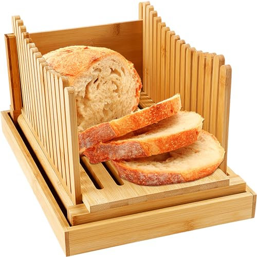 PandaHug Bamboo Foldable Bread Slicer, Compact Thickness Adjustable Bread Slicing Guide with Crumb Tray Portable Reusable Loaf Slicer Cutter Food Grade for Homemade Bread, Loaf, Toast, Bagel(Wavy)