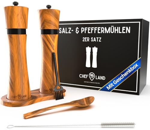 Salz und Pfeffermühlen Set aus Holz mit Untersetzer | Premium Gewürzmühlen in Geschenkverpackung | Langlebiger Keramikmahlwerk | ChefLand Kitchen Enhancements