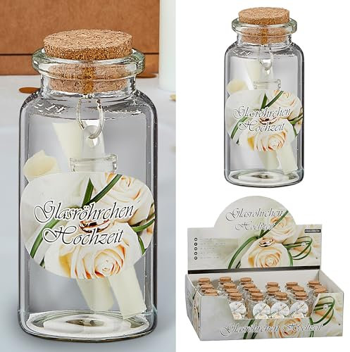 Glasröhrchen 'Hochzeit' 24 Stück Display | 3x7cm Glas Kork | Glücksbringer im Glas Reagenzglas mit Salz (1 x 24er Dispay Glasröhrchen Hochzeit)