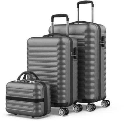 NUMADA-Juego de Maletas Rígidas 3pzs. Maleta Cabina 53cm, Maleta Mediana 63cm y Neceser. Set de Maletas de Viaje ABS Eco Friendly, 4 Ruedas Dobles, Resistentes, Ligeras y Seguras (Gris)