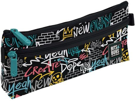 Grafoplás - Estuche Escolar Plano, 2 Bolsillos, 23x10cm, Compartimentos con Cremallera, Tiradores Fácil Apertura, Colección Wall, Bits & Bobs Pop Up Design