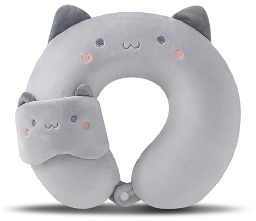 TROYSINC Cuscino da viaggio per aereo con maschera per gli occhi, cuscino per il collo, per bambini e adulti, a casa e in ufficio (gatto grigio)