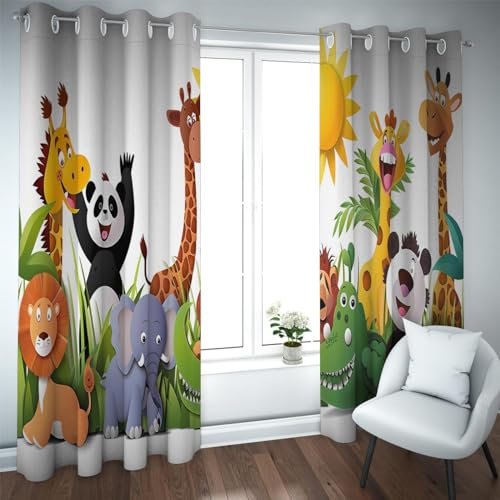 Deertweet Home Niedliche Kindervorhänge für Jungen Mädchen Cartoon Zoo Tiere Fenster Vorhänge Bunte Verdunkelungsvorhänge für Kinderzimmer Schlafzimmer Wohnzimmer 2 Paneele H280xB140