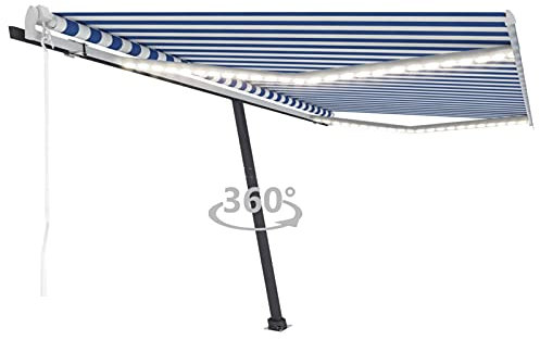 ShCuShan Tenda Automatica con Sensore Vento e LED 400x300 cm Blu Bianca,Tenda da Sole per Esterno Avvolgibile, Tenda da Sole a Bracci Estensibili con Telaio in Alluminio, Tettuccio Resistente al Sole