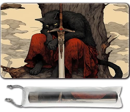 April Space MTG Playmat (Stitched) Size 24x14in Free Storage Bags - Ideal for Card Game Enthusiasts TCG Playmat Mouse Pad with Card Zones (Cat Swordsman,No Zone)