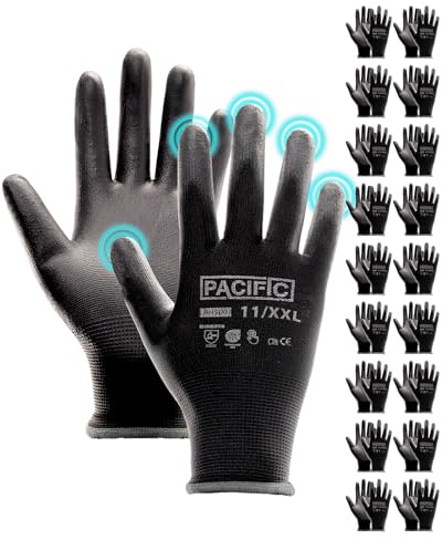 PACIFIC PPE 18 Paar Arbeitshandschuhe für Herren und Damen, 11/XXL, Schwarz | Leichte Schutzanforderungen, rutschfeste Griffigkeit, Atmungsaktiv, Touchscreen, Werkstatt, Wartung, Gartenarbeit, Mechanik