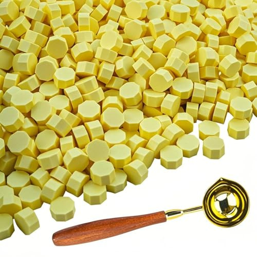 Wachs-Siegelperlen-Set von Tomgenrine – 600 Stück Siegelwachs-Perlen mit 1 Wachslöffel, ideal für Hochzeitseinladungen, Briefe, Umschläge, Karten und DIY-Bastelprojekte(Zitronengelb Kit）