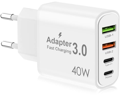 Soodyoow USB C Ladegerät, 4 Ports USB Netzteil Adapter, 40W Schnellladegerät mit USB-C und USB-A, USB Ladegerät Mehrfach, PD 3.0 Power Adapter für iPhone 14/13/12/11/Pro Max/XS/XR/8/7/Samsung/Tablet