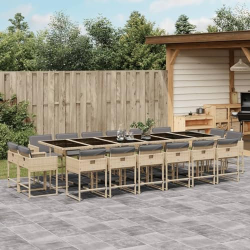 Homgoday 17-TLG. Garten-Essgruppe mit Kissen Gartentisch mit Stuhl Balkonmöbel Gartenmöbel Set Tisch mit Glasplatte Gartengarnitur Sitzgruppe für Garten Terrasse Beigemischung Poly Rattan