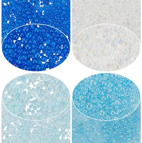 SUNNYCLUE 100G 4 Colori Piccole Perle di Riempimento per Vasi Bolle di Vetro Bulk Trasparente Blu Magiche Gocce D'Acqua Rotonde Sciolte In Miniatura Senza Foro Piccole Perline per Fai Da Te Artigianat
